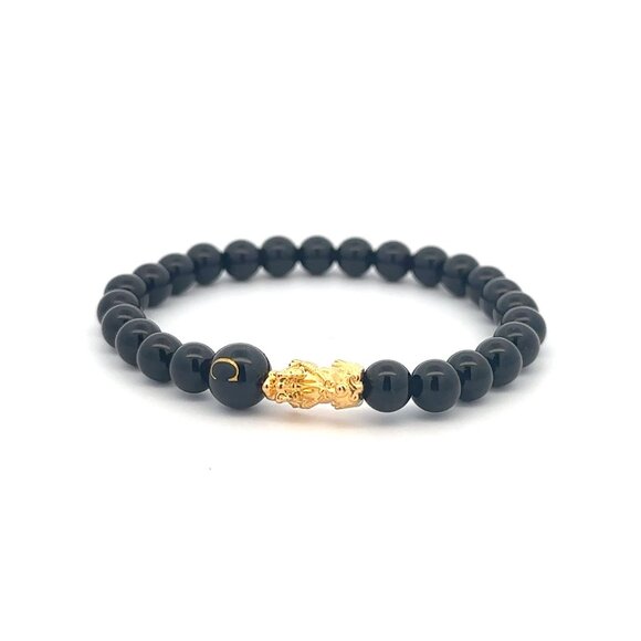 18K Gold Pixiu Piyao Bracelet Gemstones Onyx 6mm Elastic Bracelet Letter C - Picture 1 of 7